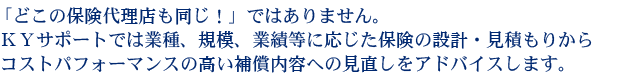 ＫＹサポートでは業種、規模、業績等に応じた保険の設計・見積もりから
コストパフォーマンスの高い補償内容への見直しをアドバイスします。